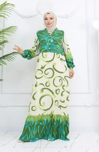 Yarım Düğmeli Viskon Desenli Elbise 0028-02 Haki Bej