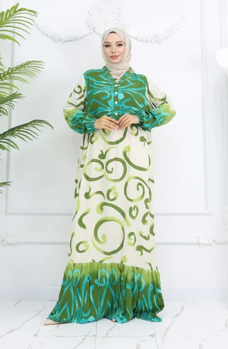 Yarım Düğmeli Viskon Desenli Elbise 0028-02 Haki Bej