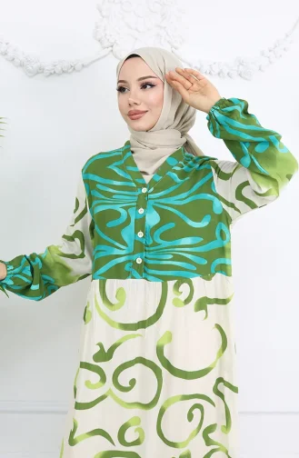 Yarım Düğmeli Viskon Desenli Elbise 0028-02 Haki Bej