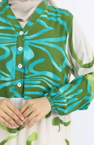 Yarım Düğmeli Viskon Desenli Elbise 0028-02 Haki Bej