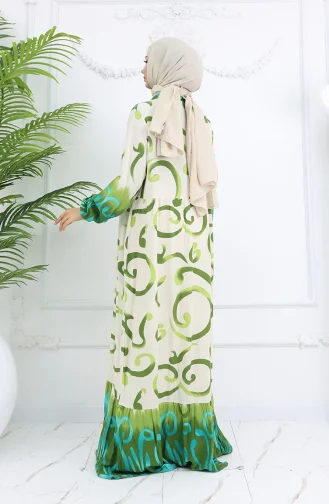 Yarım Düğmeli Viskon Desenli Elbise 0028-02 Haki Bej