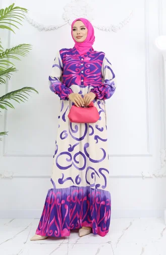 Robe à Motifs En Viscose à Demi-bouton 0028-03 Violet Beige 0028-03