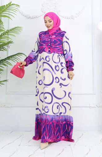 Robe à Motifs En Viscose à Demi-bouton 0028-03 Violet Beige 0028-03