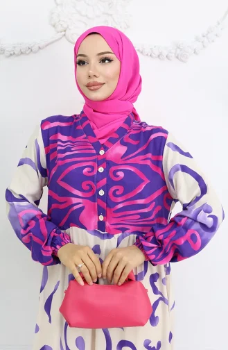 Robe à Motifs En Viscose à Demi-bouton 0028-03 Violet Beige 0028-03