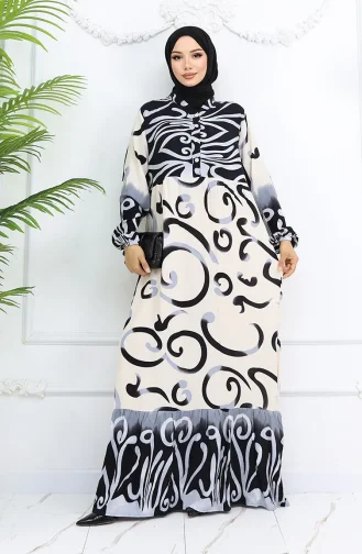 Robe à Motifs En Viscose à Demi-bouton 0028-04 Noir Beige 0028-04