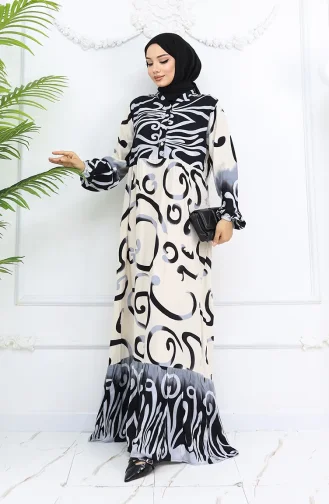 Robe à Motifs En Viscose à Demi-bouton 0028-04 Noir Beige 0028-04