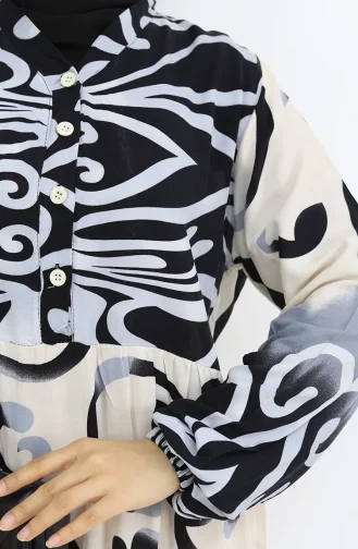 Robe à Motifs En Viscose à Demi-bouton 0028-04 Noir Beige 0028-04