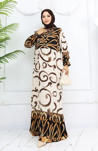 Robe à Motifs En Viscose à Demi-bouton 0028-05 Marron Beige 0028-05