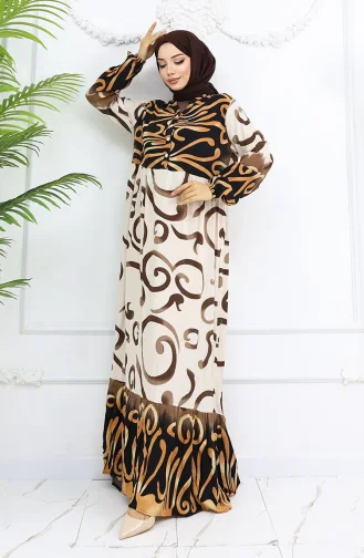 Robe à Motifs En Viscose à Demi-bouton 0028-05 Marron Beige 0028-05