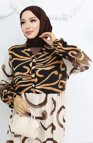 Robe à Motifs En Viscose à Demi-bouton 0028-05 Marron Beige 0028-05