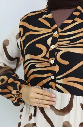 Robe à Motifs En Viscose à Demi-bouton 0028-05 Marron Beige 0028-05