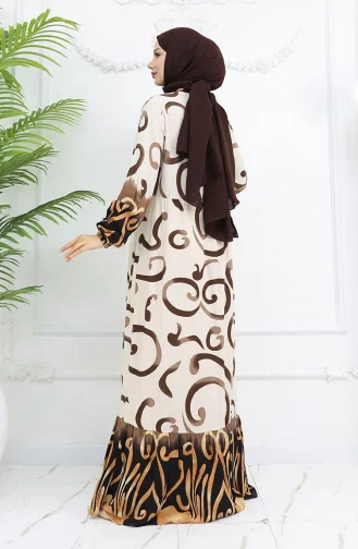 Robe à Motifs En Viscose à Demi-bouton 0028-05 Marron Beige 0028-05