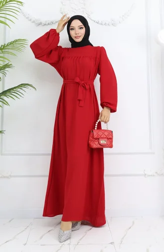 Krep Kumaş Kolu Lastikli Elbise 0029-01 Kırmızı