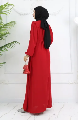 Krep Kumaş Kolu Lastikli Elbise 0029-01 Kırmızı