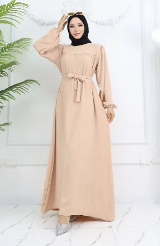 Crepe Fabric Elastic Sleeve Dress 0029-03 Beige 0029-03