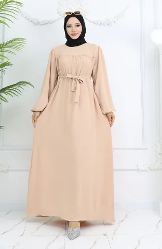 Crepe Fabric Elastic Sleeve Dress 0029-03 Beige 0029-03