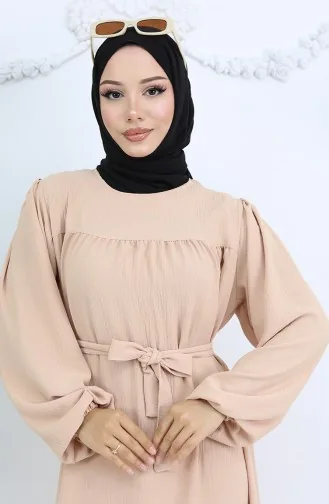 Crepe Fabric Elastic Sleeve Dress 0029-03 Beige 0029-03