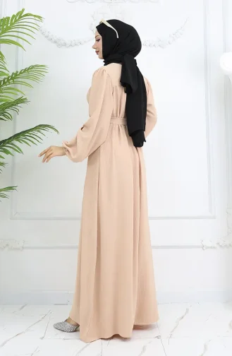 Crepe Fabric Elastic Sleeve Dress 0029-03 Beige 0029-03