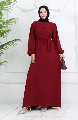 Crepe Fabric Elastic Sleeve Dress 0029-08 Claret Red 0029-08