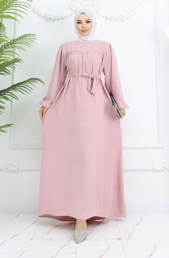 Krep Kumaş Kolu Lastikli Elbise 0029-09 Pudra