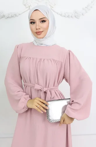 Krep Kumaş Kolu Lastikli Elbise 0029-09 Pudra