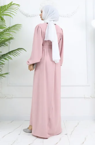 Krep Kumaş Kolu Lastikli Elbise 0029-09 Pudra