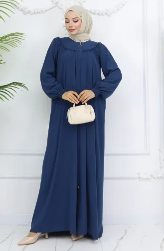 Front Drawstring Zippered Abaya 6182-01 Indigo 6182-01
