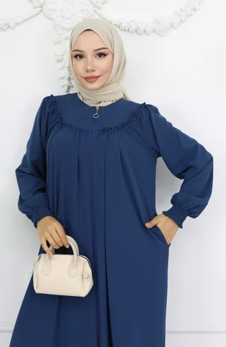 Front Drawstring Zippered Abaya 6182-01 Indigo 6182-01