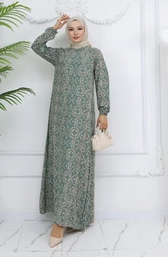 Viskon Kumaş Desenli Elbise 0036-01 Çağla Yeşili