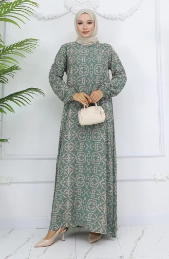 Viskon Kumaş Desenli Elbise 0036-01 Çağla Yeşili