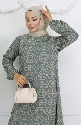 Viskon Kumaş Desenli Elbise 0036-01 Çağla Yeşili