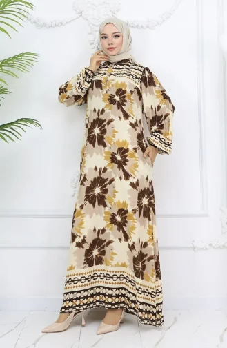 Viskon Kumaş Desenli Düğmeli Elbise 2001-01 Bej Vizon