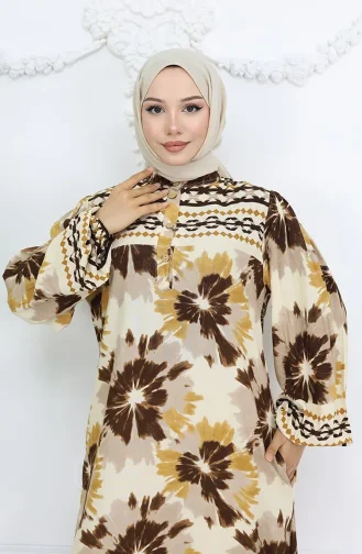 Viskon Kumaş Desenli Düğmeli Elbise 2001-01 Bej Vizon