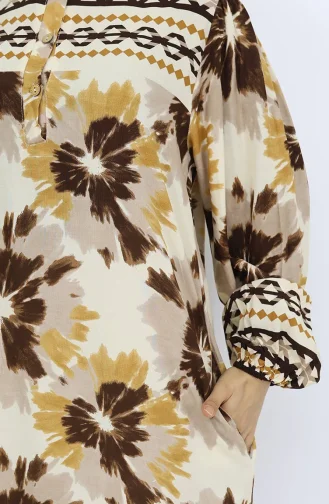 Viskon Kumaş Desenli Düğmeli Elbise 2001-01 Bej Vizon