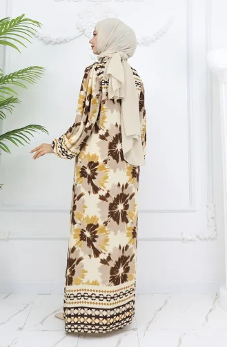 Viskon Kumaş Desenli Düğmeli Elbise 2001-01 Bej Vizon