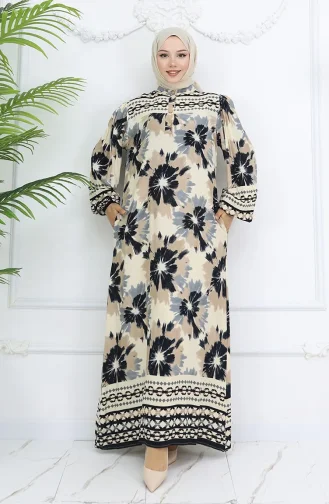 Viskon Kumaş Desenli Düğmeli Elbise 2001-03 Bej Siyah