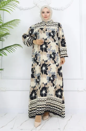 Viskon Kumaş Desenli Düğmeli Elbise 2001-03 Bej Siyah