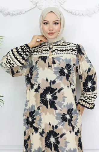 Viskon Kumaş Desenli Düğmeli Elbise 2001-03 Bej Siyah
