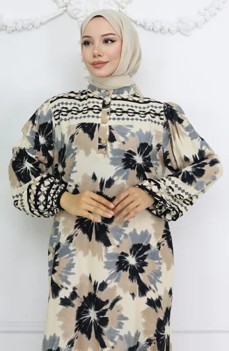 Viskon Kumaş Desenli Düğmeli Elbise 2001-03 Bej Siyah