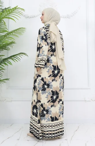 Viskon Kumaş Desenli Düğmeli Elbise 2001-03 Bej Siyah