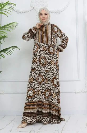Viskon Kumaş Düğmeli Elbise 2005-03 Kahverengi