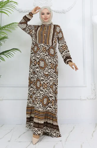 Viskon Kumaş Düğmeli Elbise 2005-03 Kahverengi