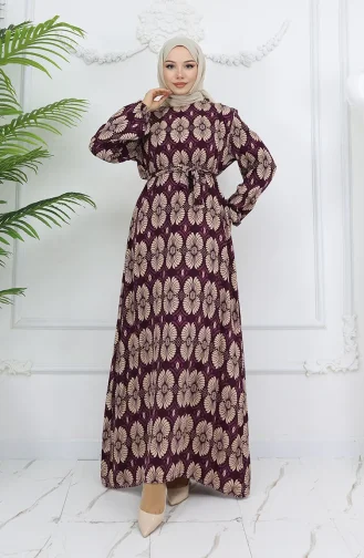 Viskon Kumaş Desenli Kuşaklı Elbise 2008-01 Mor