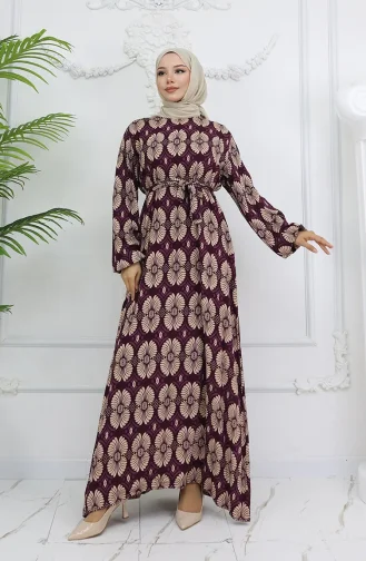 Viskon Kumaş Desenli Kuşaklı Elbise 2008-01 Mor