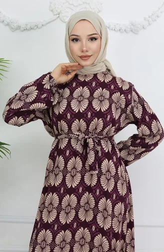 Viskon Kumaş Desenli Kuşaklı Elbise 2008-01 Mor