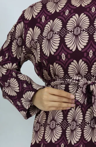 Viskon Kumaş Desenli Kuşaklı Elbise 2008-01 Mor