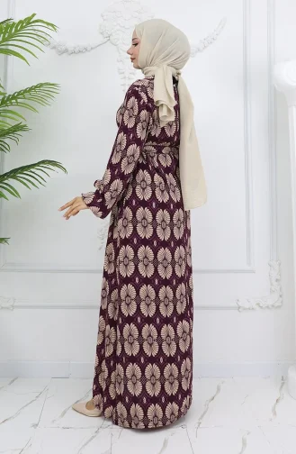Viskon Kumaş Desenli Kuşaklı Elbise 2008-01 Mor