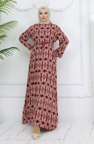 Viskon Kumaş Desenli Kuşaklı Elbise 2008-02 Bordo