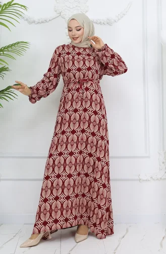 Viskon Kumaş Desenli Kuşaklı Elbise 2008-02 Bordo