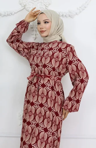 Viskon Kumaş Desenli Kuşaklı Elbise 2008-02 Bordo